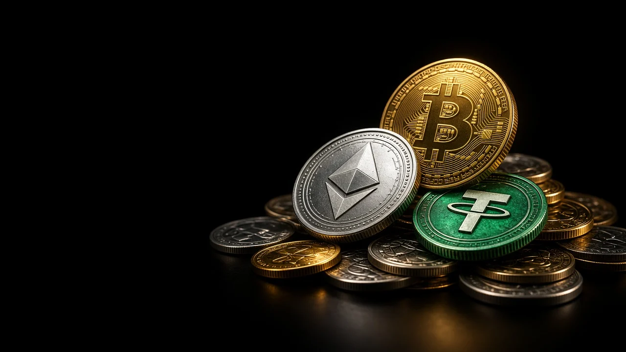 Bitcoin, Ethereum and Tether coins