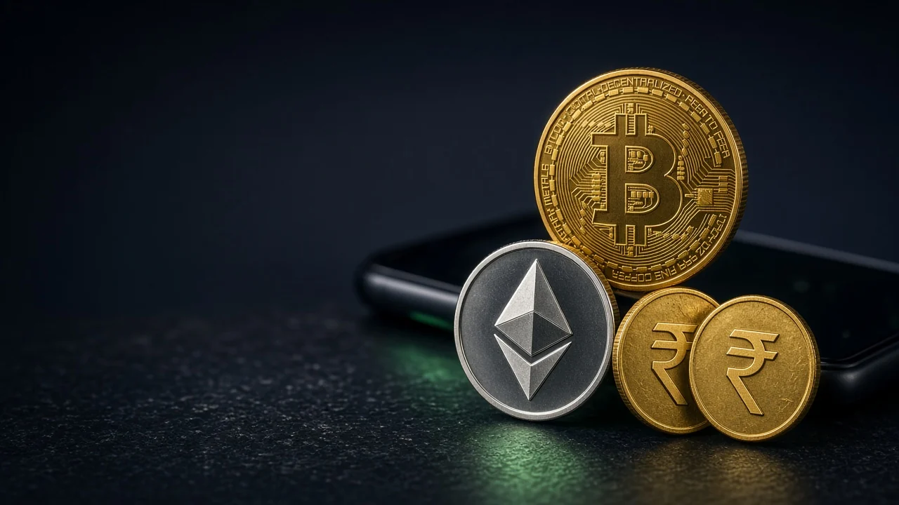 Rupee coins with Bitcoin and Ethereum