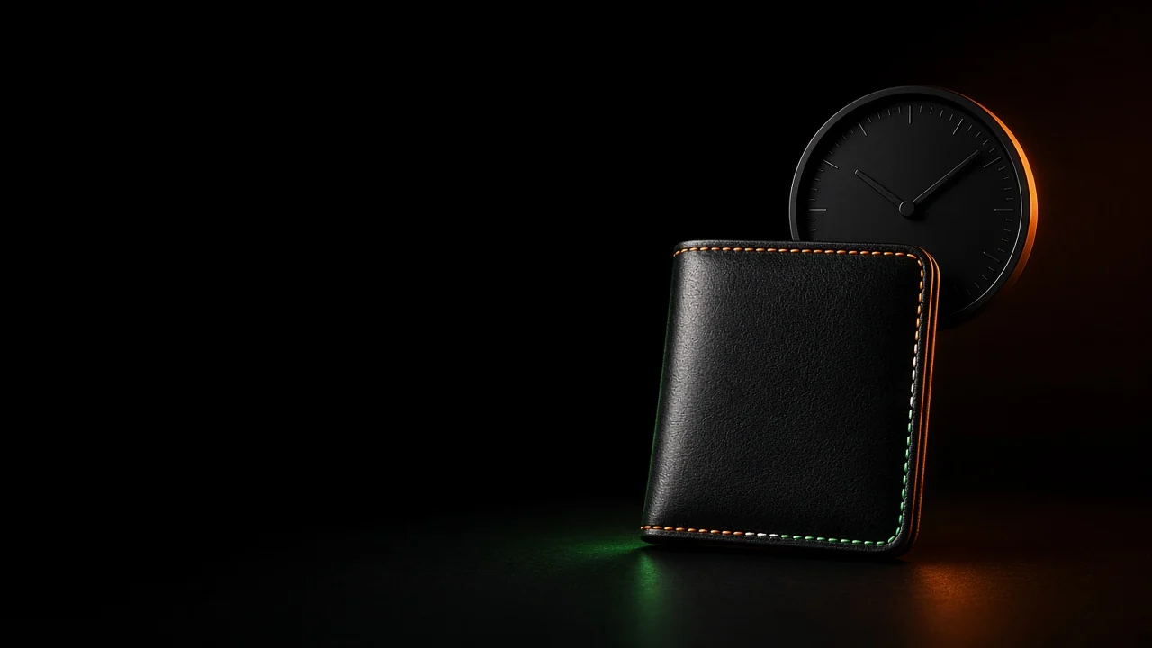 A closed wallet and a clock